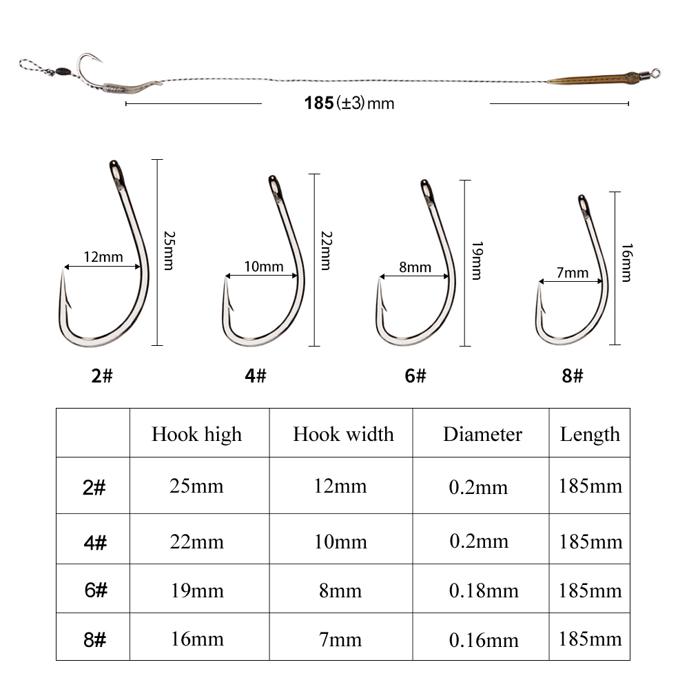 FTK 18,5 cm 6-8 Uds anzuelos de pesca de carpa líder aparejos de pelo con línea 30-60LB 2/4/6/8 # Accesorios para anzuelos de carpa del grupo alimentador europeo