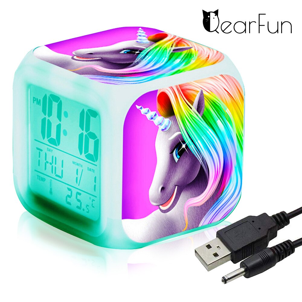 Unicorn Kids Alarm Clock 7 Colors LED Night light Wake Up Clock with Thermometer Snooze будильник Home Desk Decor Christmas: 1-no batteries