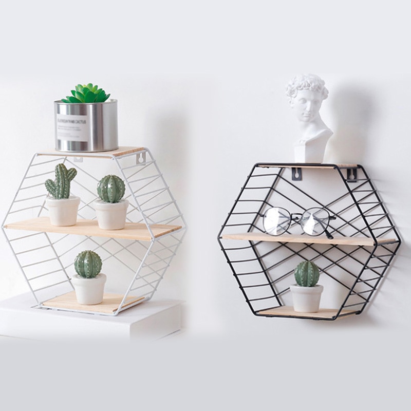 Grid Wall Mounted Hanging Home Bedroom Display Hook Flower stand Shelf Hexagonal 3 layers Iron Rack Organizer Art
