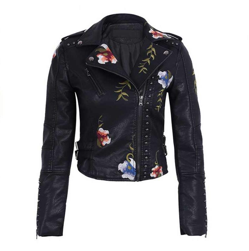 FTLZZ Ricamo Floreale di Stampa Delle Donne Dell&#39;unità di elaborazione Giacca di Pelle Turn-giù il Collare Del Faux Morbido Moto In Pelle Nera Corta Punk Tuta Sportiva: Black / XXL