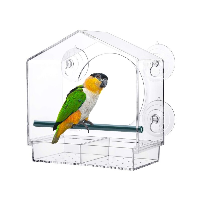 Acrylic Window Bird Feeder Strong Suction Cups Weatherproof with Shield Roof Drain Holes Outdoor Clear Bird House