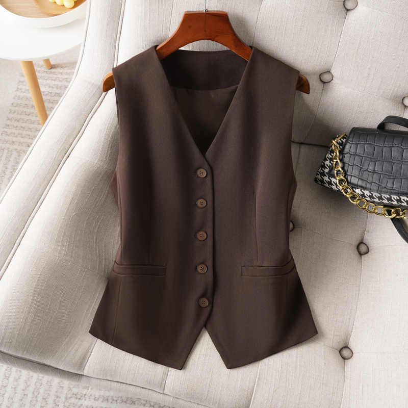 Gilet en Polyester sans manches pour femmes, col en V, à la , Style de banlieue, longueur régulière, veste d'extérieur pour la saison printemps-automne: S / Marron