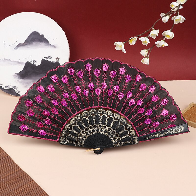 Silk Fan Folding Fan Wedding Art Peacock Sequin Dancing Fan Hand Held Fan