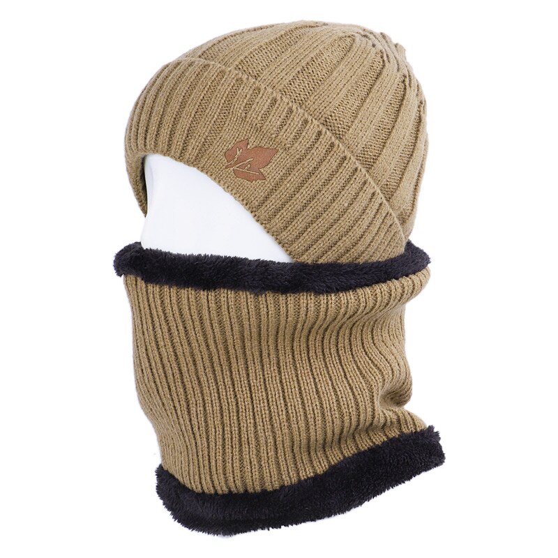 Chapeau écharpe d'hiver en feuille d'érable | Chapeau pour hommes et femmes, chapeau rayé en coton, tricot , ensemble écharpe en velours Plus bavoir épais,: Khaki-1