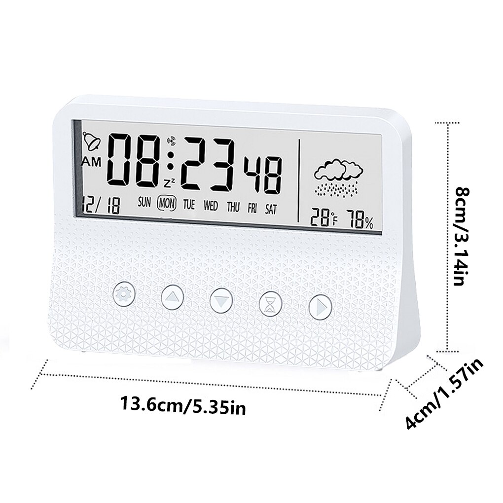 Living Room Desktop Digital Alarm Clock Plastic Countdown Timer Calendar Temperature Humidity Meter Low Noise Home Supplies: White No backlit