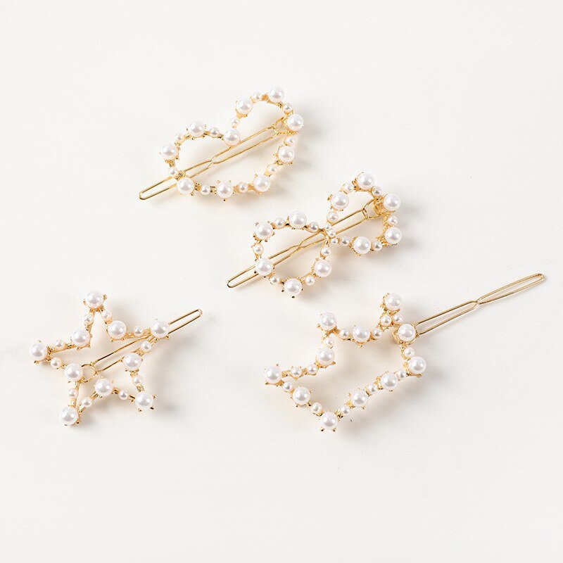 Pinza de pelo con perlas de imitación para mujer, broches de pelo hechos a mano con broche de estrella y corazón, accesorios geométricos para el cabello de Corea, 1 ud.