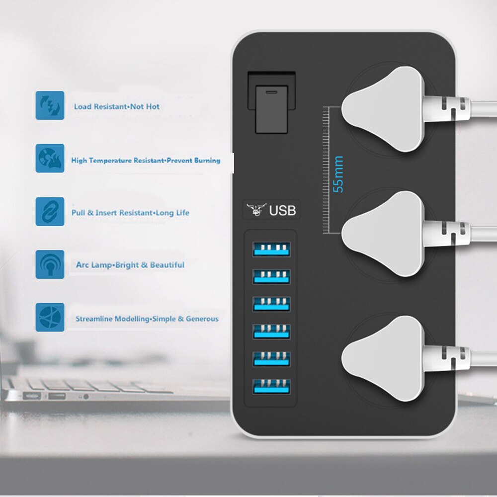 Power Strip Smart Usb Socket Adapter Surge Protector 3 Ac Universele Outlets Met Elektrische Plug Eu/Us Uk/ au Verlengsnoer 2 M