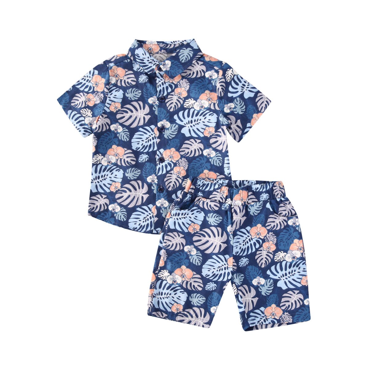 1-6Y été infantile bébé garçons vêtements ensembles imprimer à manches courtes simple boutonnage dessus de chemise + Shorts 2 pièces: Bleu / 2T
