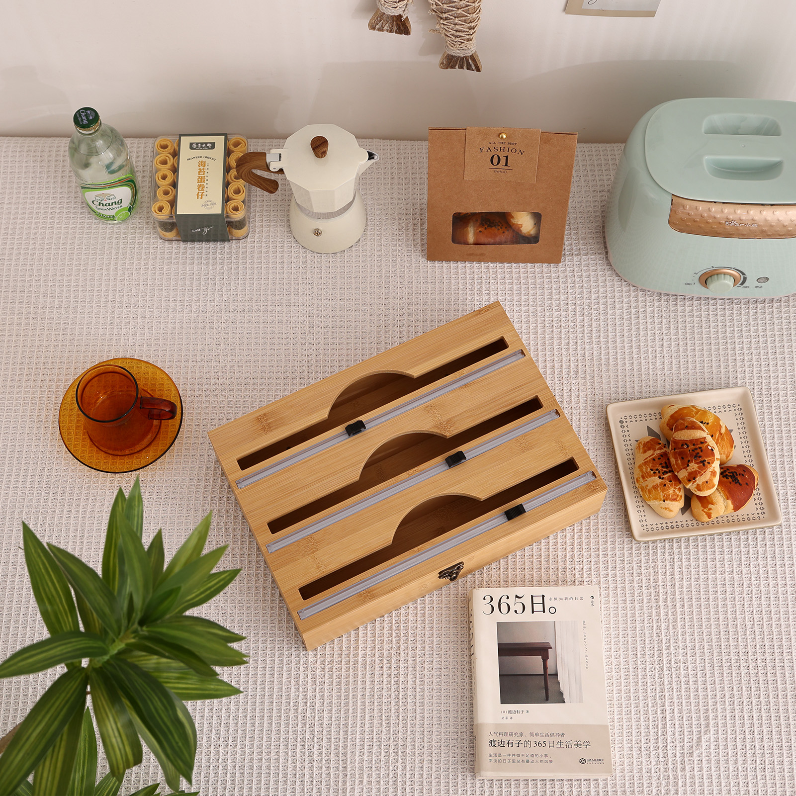 Wrap Dispenser &amp; Cutter For Cling Film Refillable Food Wrap Dispenser For Roll Tin Foil Cling Film Storage Organizer With Slid