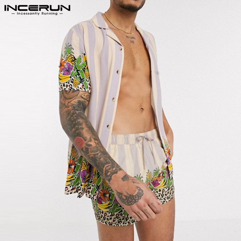 INCERUN, conjuntos Hawaianos para hombres, Impresión de playa, verano , camisa de solapa de manga corta, pantalones cortos, 2 piezas, ropa de calle, conjuntos para hombre
