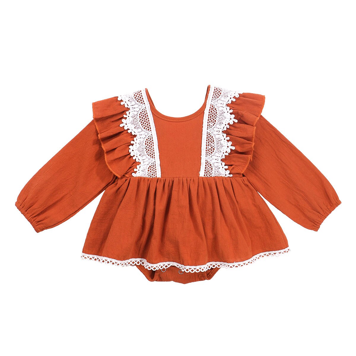 Focusnorm Herfst Mooie Baby Meisjes Jongens Romper Jurk Kant Solid Ruches Backless Jumpsuits 0-18M 2 Stijl: long sleeve / 18m