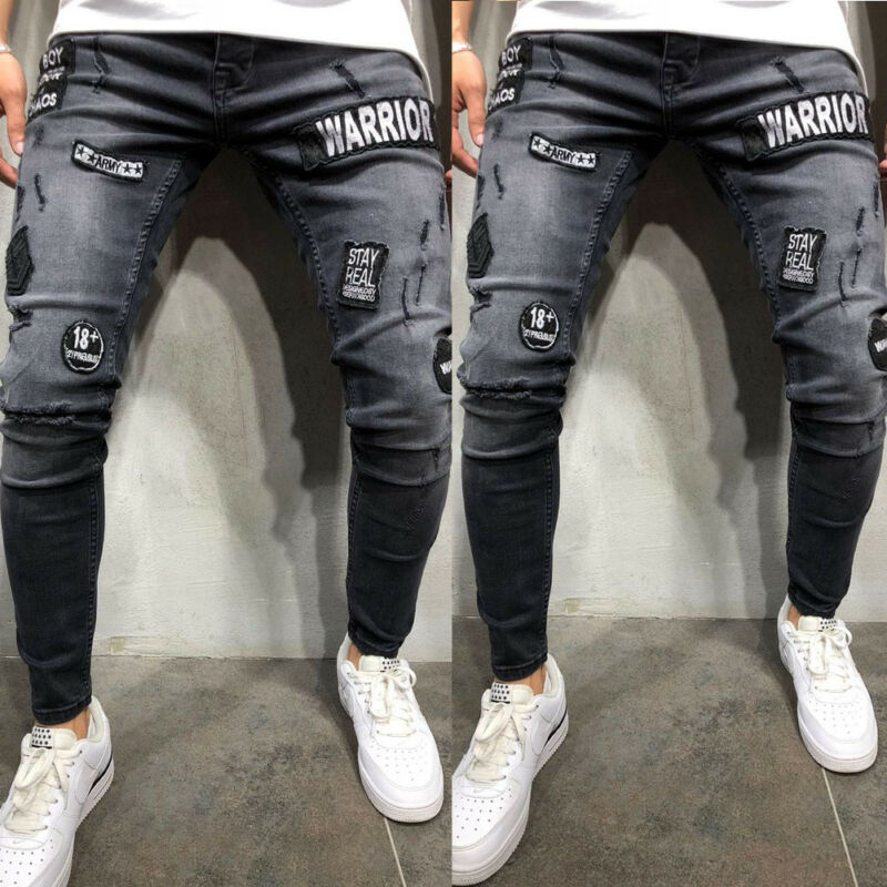 Calça jeans rasgada masculina, calça comprida skinny com rasgos destruídos para homens, casual slim fit S-3XL