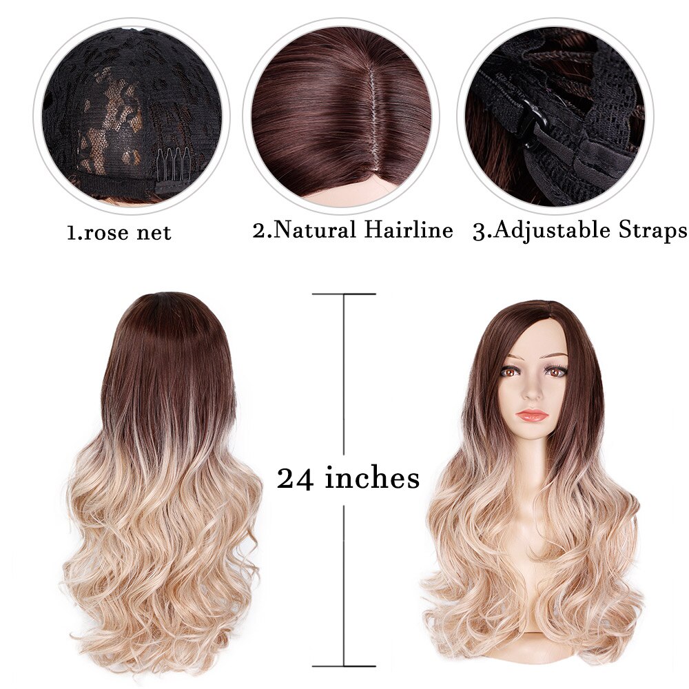 Perruque synthétique ondulée ombrée 24 pouces | Perruque noire Blonde, perruque naturelle ondulée et longue, perruque avec raie au milieu pour femmes