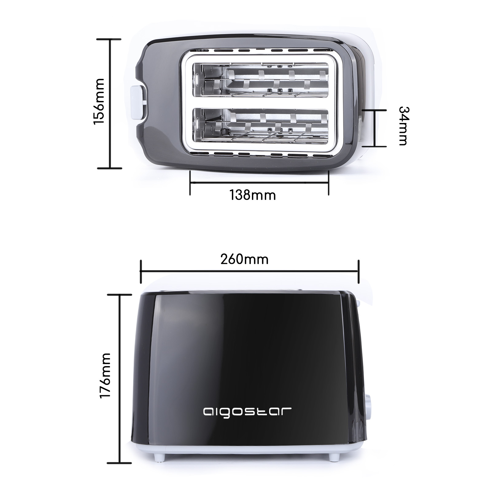 AIGOSTAR Tostadora, 2 Ranuras, 7 Ajustes, Bandeja Recogemigas Desmontable,Descongelación y Recalentar, Apagado Auto.(750W)
