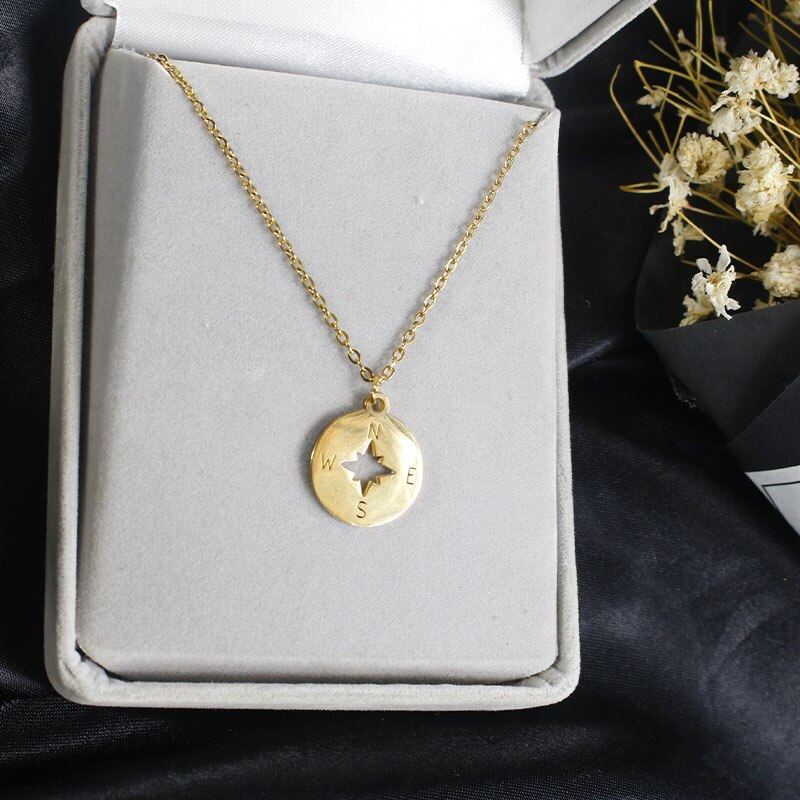 Stainless Steel Necklace For Women Lover's Gold And Silver Color Tiny Round Compass Handmade necklaceVacation necklace jewelry
