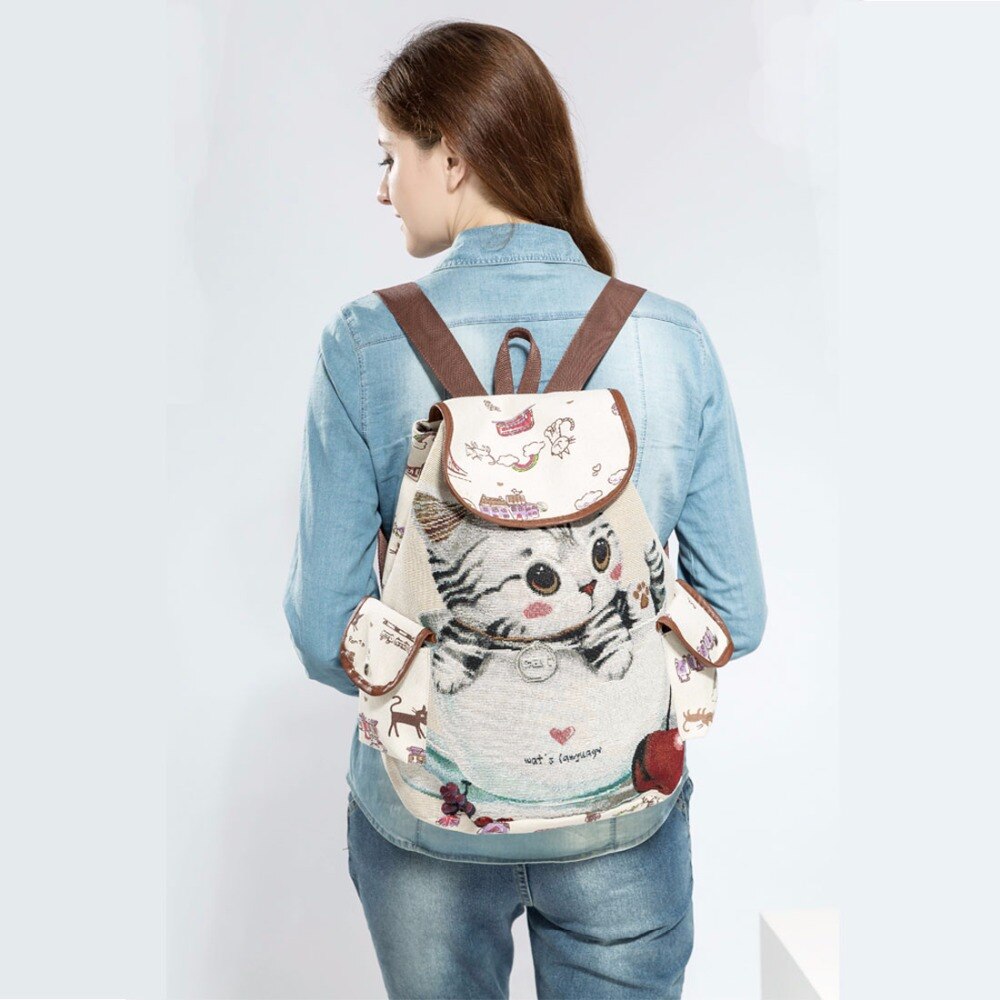 Miyahouse Women Canvas Backpack Cats Printed Backpack For Teenage Girls Female Drawstring Backpacks Girls School Bags