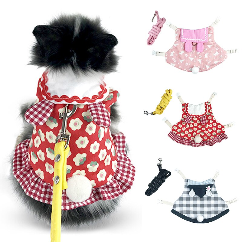 Falda con arnés para mascotas, conjunto de ropa de conejo, vestido de conejito, chaleco, arnés de cuerda, correa para caminar, bonito vestido de Cosplay