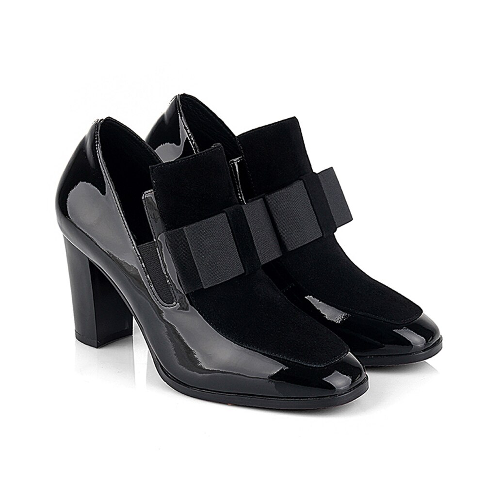 Escarpins femme noeud papillon bout carré cuir verni noir talons épais talon escarpins bottines chaussons chaussures en cuir verni: 36