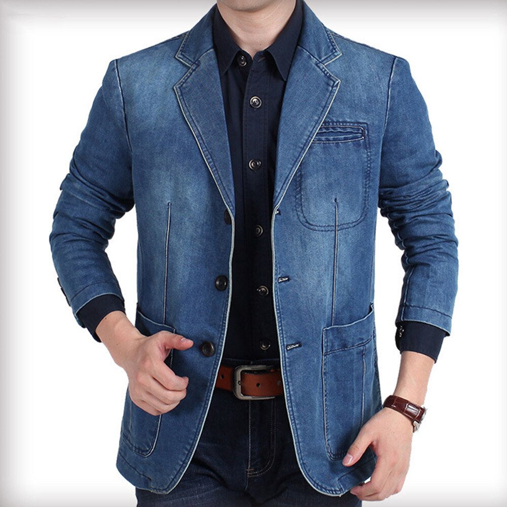 Men&#39;s Retro Blazer Jacket Blue Jeans Denim Jacket Men&#39;s Long Sleeve Casual Denim Jacket Coat