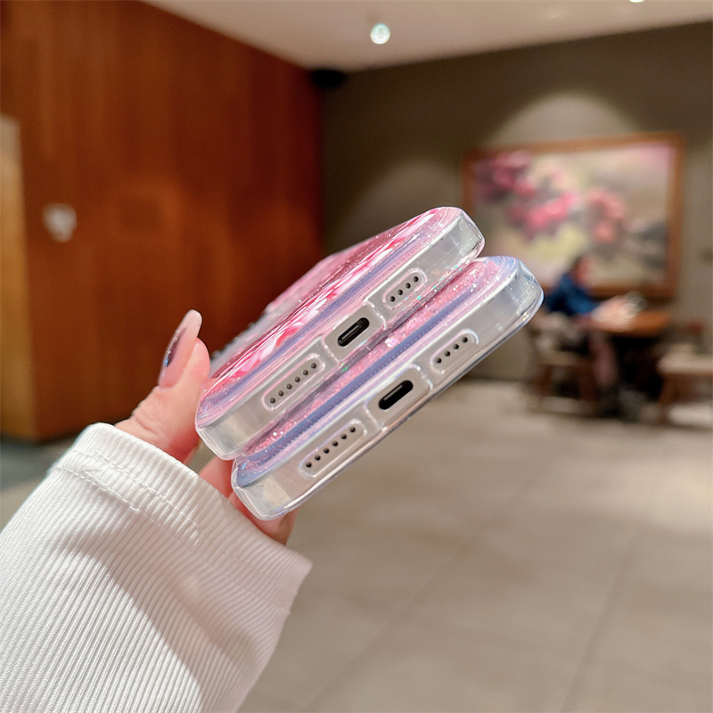 Ferskenblomst glitter kvikksanddeksel til iphone 16 15 14 13 pro max 16 pro mykt beskyttende dynamisk flytende mobiltelefondeksel