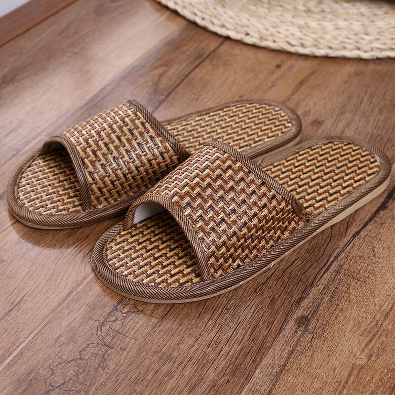 Sandales d&#39;intérieur en paille de bambou pour hommes et femmes, pantoufles unisexes pour Couples, chaussures de maison, de paille, de douche plate, décontractées, été