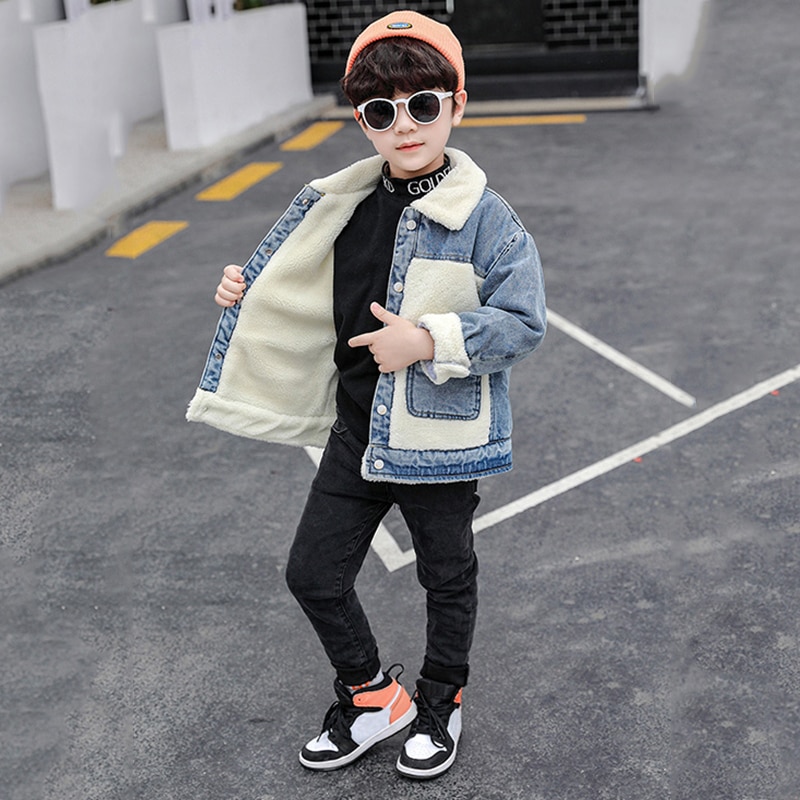 Thick Velvet Kids Winter Jean Coat Autumn Hooded Warm Boys Parkas Drawstring Mid-long Denim Jackets Outerwear