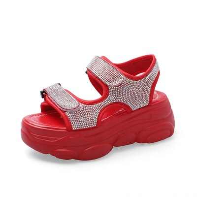 Sandales à talons compensés avec strass pour femmes, chaussures à plateforme, semelle épaisse, noir, blanc, nouvelle été: Rouge / 36
