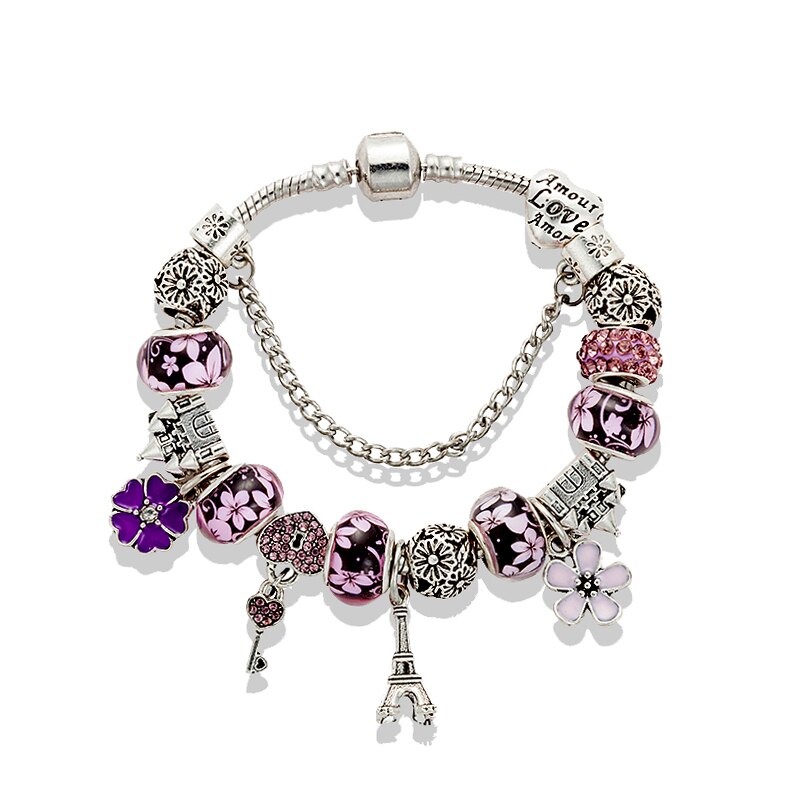 ANNAPAER Lock keys Charm Bracelet for Women Antique Silver Color Murano Glass Beads Fit Pan Bracelets Bangles DIY Jewelry B16008