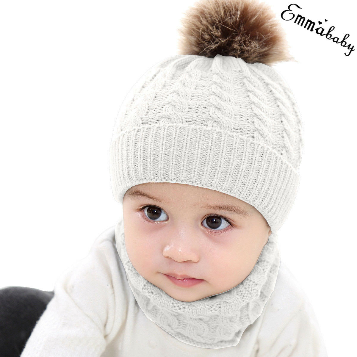 Trend 2PCS Leuke Peuter Kid Meisje Jongen Baby Baby Winter Warm Haak Muts Beanie Casual solid Cap Sets: WHITE