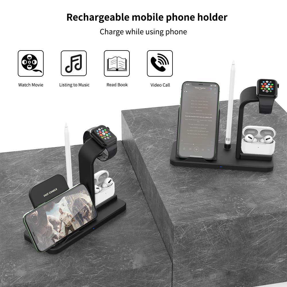 Trådløs oplader 4 in 1 aftagelig station, opladerstativ dock til iphone 11 xs x  xr 8 apple watch airpods pro og alle qi-enheder