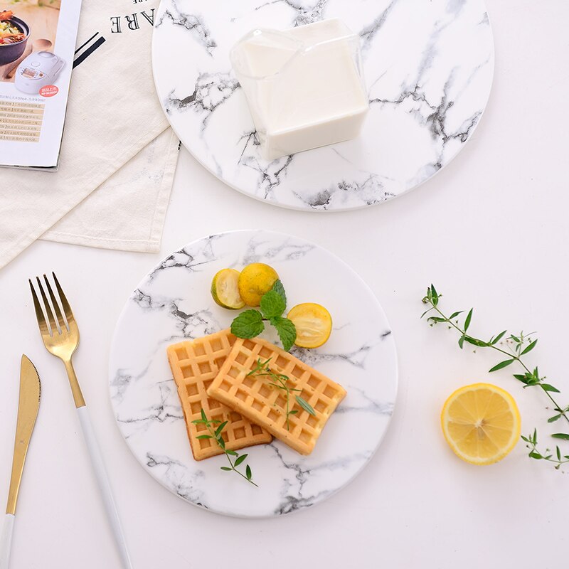 Assiette plate ronde en céramique, mariage marbre nordique, accessoires de raquette, assiette à sushi, petit déjeuner planche à découper p nourriture occidentale