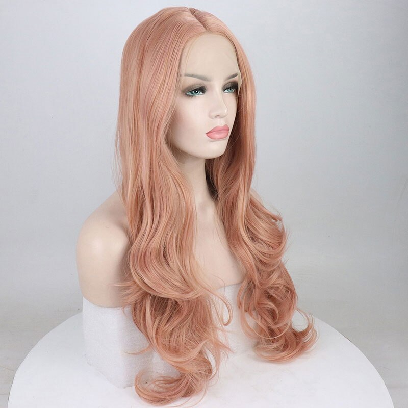 Bombshell pêssego rosa onda solta peruca dianteira do laço do cabelo sintético glueless resistente ao calor do cabelo da fibra natural linha fina para perucas femininas