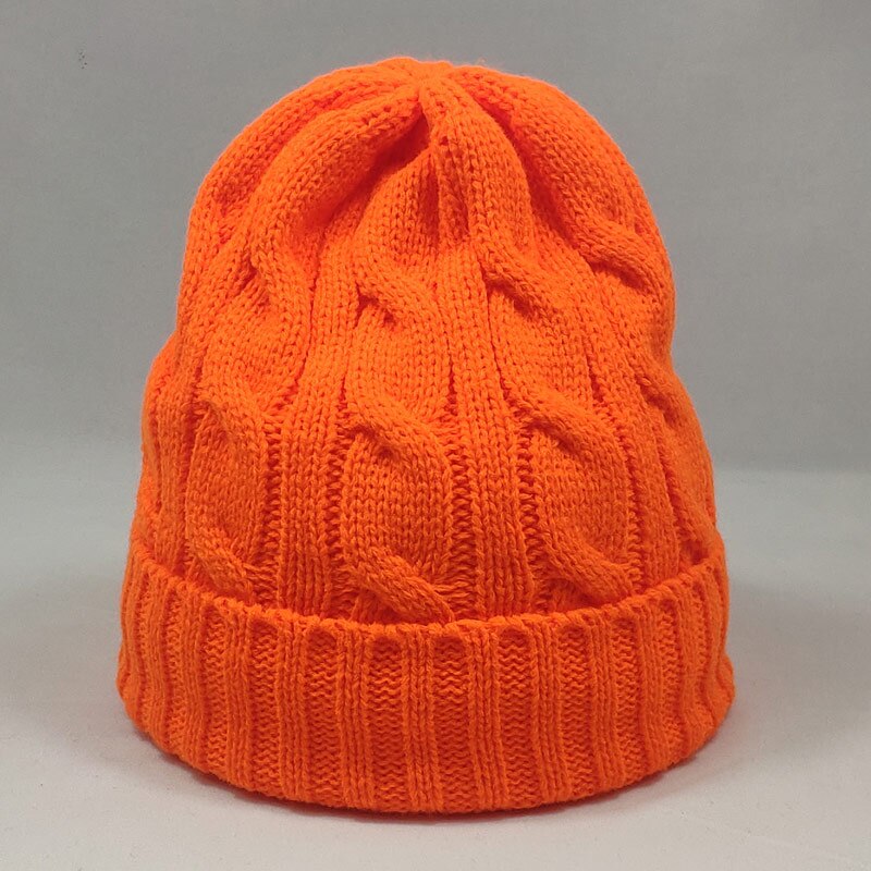Varm vinter skull cap fleece indeni kvinder hatte kabel strikkede huer neon gul hvid sort rød neon orange farver: Neon orange