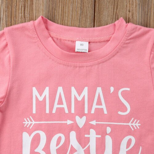 Zomer Leuke Casual Brief Print Roze Katoen Zacht Peuter Kids Baby Girl Korte Mouw Mama Bestie T-shirt Tees Tops Kleding