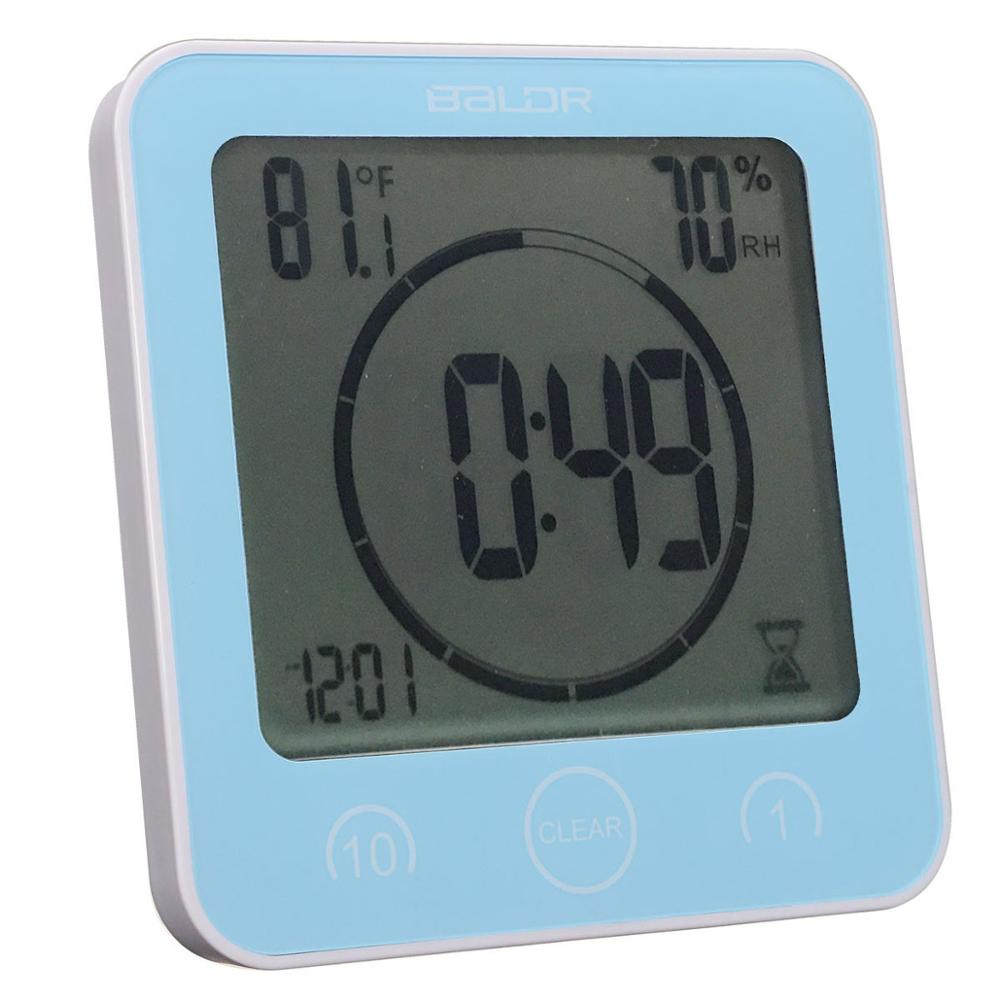 LCD numérique horloges murales étanche douche salle de bain mur aspiration horloge minuterie compte à rebours alarme temps température humidité mètre: Blue 1