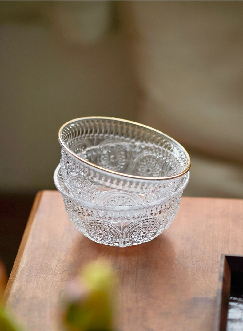 Glass Relief Oatmeal Bowl Transparent Breakfast Cereal Tableware Net Red Ins Style Small Bowl Sugar Water Exquisite