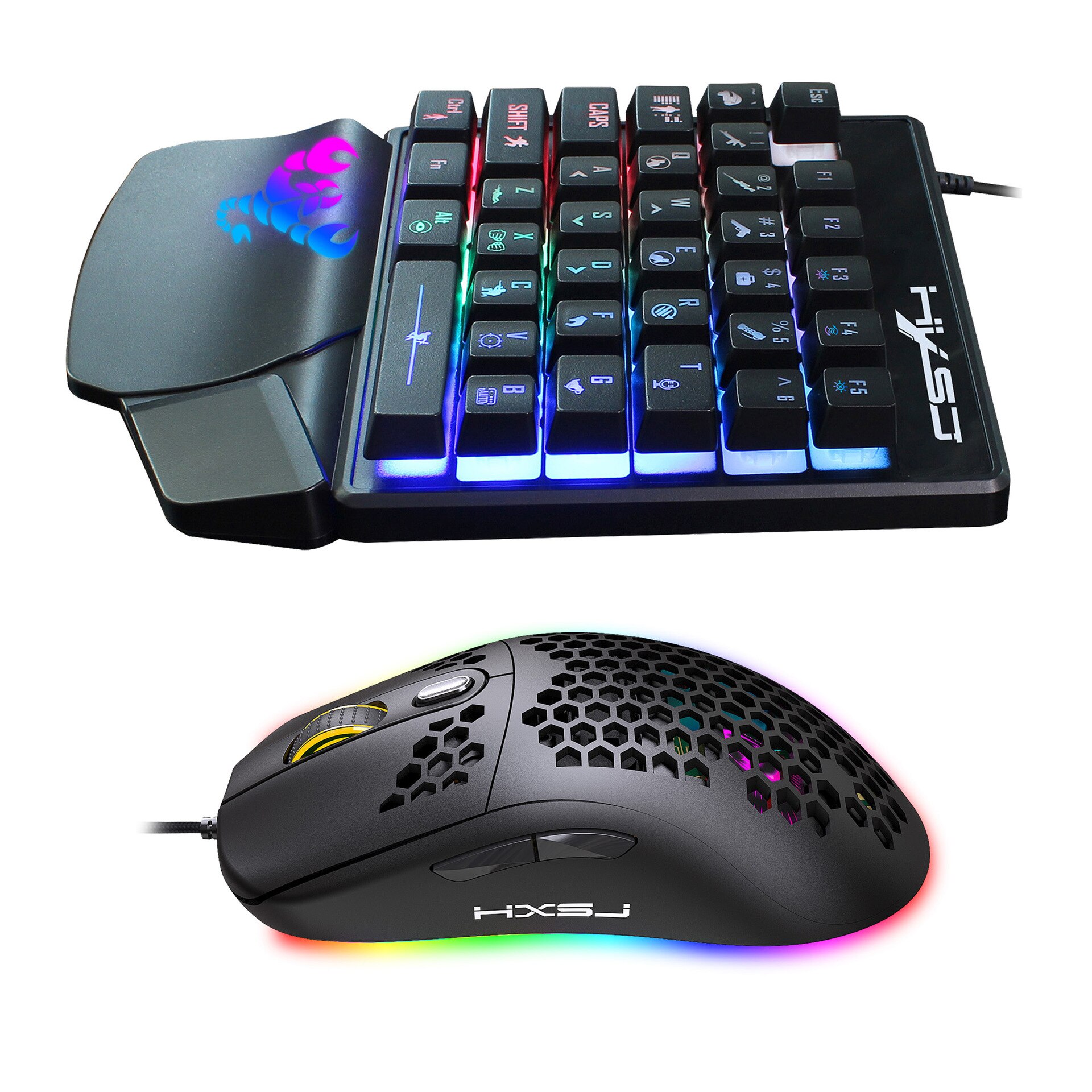 Game Console Keyboard and Mouse Converter set, Mobile phone game one-handed keyboard wired game mouse RGB glow