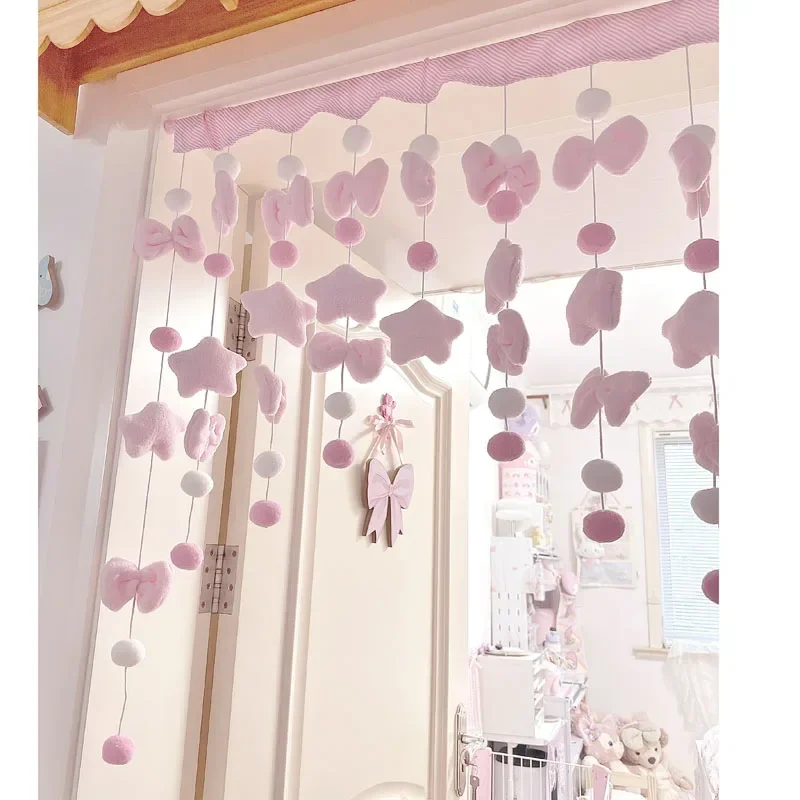 Cortina corta con lazo bonito rosa, partición de hilo, decoración colgante para ventana, cortinas para puerta de dormitorio, cortina para puerta de baño, dormitorio de niñas