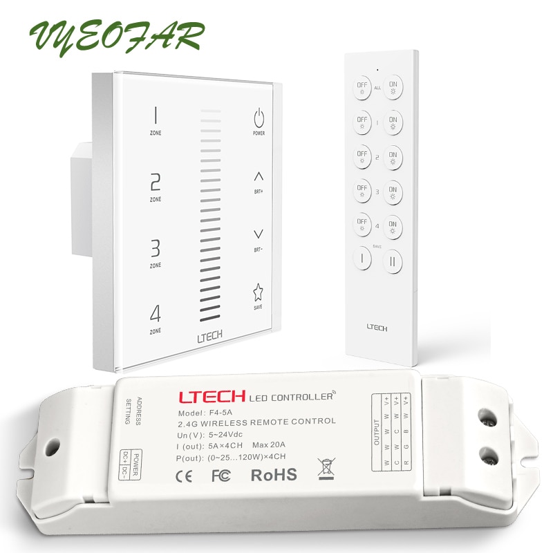 led Dimmer 4 zones Touch Panel Wall Mount Dimming 2.4GHz&DMX AC100-240V Dimmer with F4-5A F4-CC receiver and RF remote