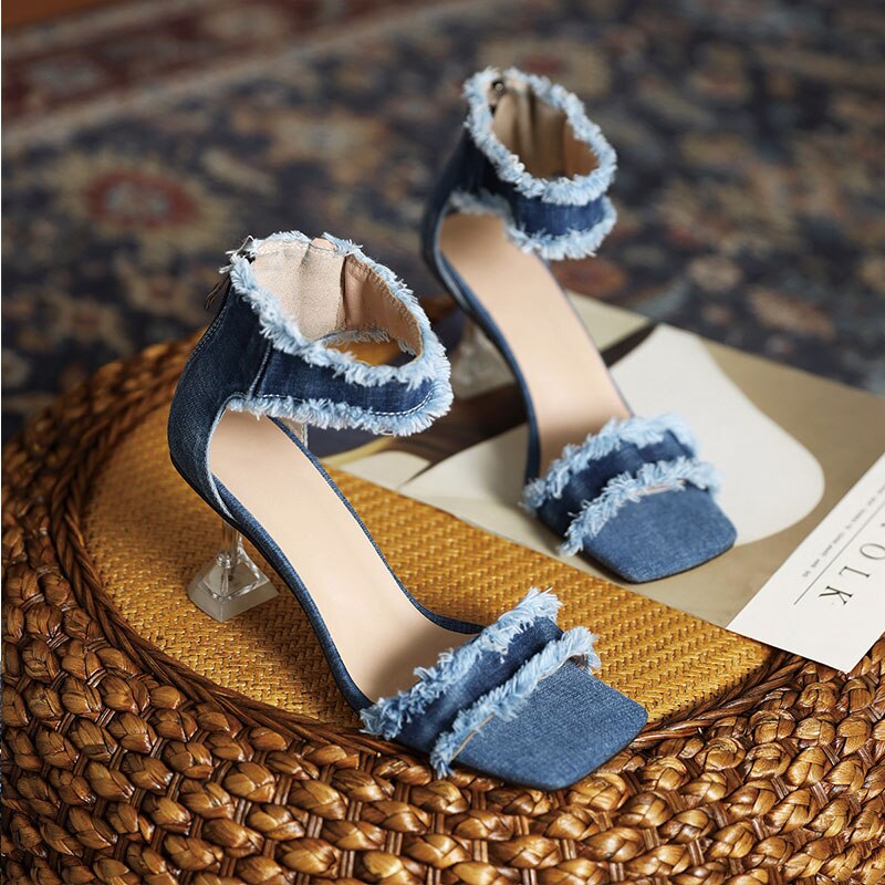 Sgesvit-Sandalias vaqueras con flecos para mujer, zapatos clásicos de Punta abierta, de verano, con tacón alto, color azul,
