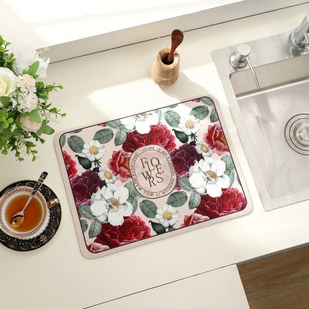 Serviesgoedkleed Superabsorberende Schoteldroogmat Bloemenprint Antislip Afvoermat Sneldrogend Vintage Afvoerkussen Tafeldecoratie