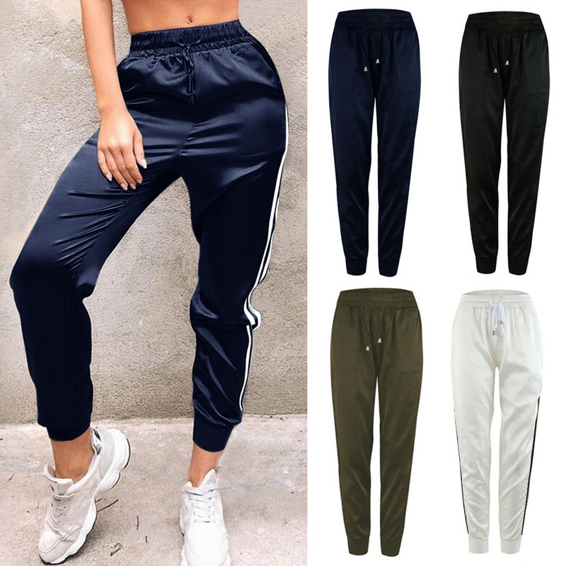 Décontracté femmes Sport Pantalon taille élastique cordon de serrage ample crayon Pantalon Femme rayé Pantalon de Sport Stretch Stretch Joggers