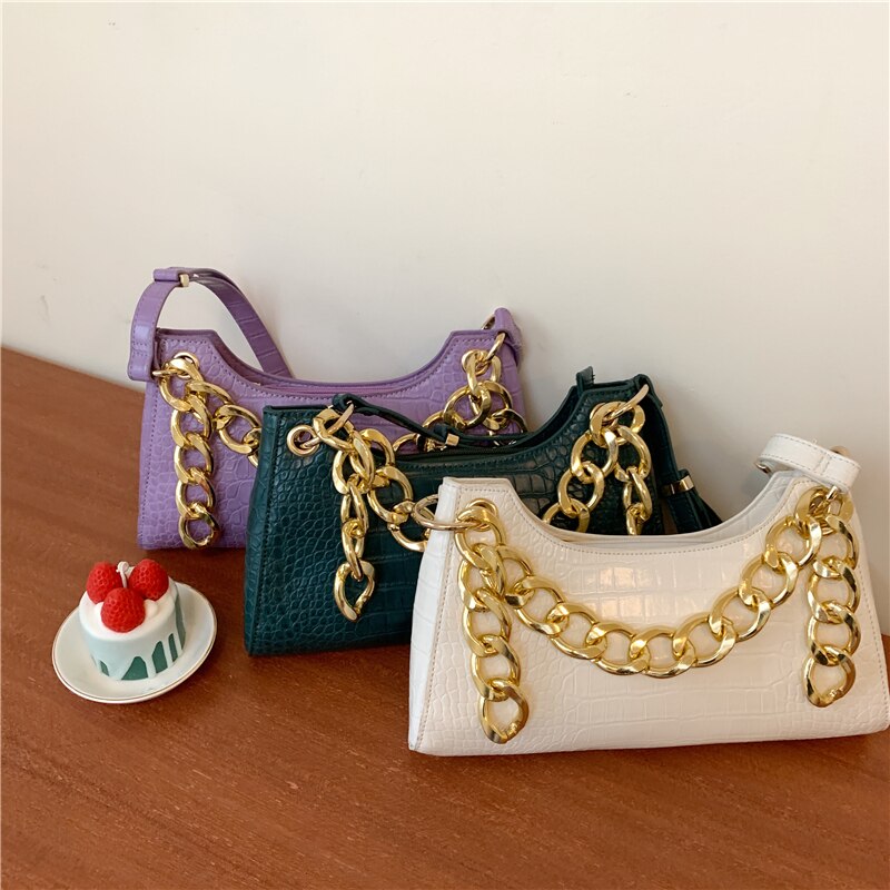 Bag Female Spring and Summer Crocodile Baguette Shape Bag France Small Shoulder Bag Underarm Handbag