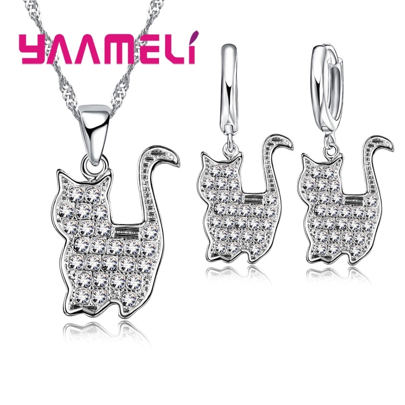 Ensemble de bijoux en argent Sterling 925, pendentifs chat persan mignon, boucles d'oreilles en Zircon cubique scintillant, pour femmes et filles