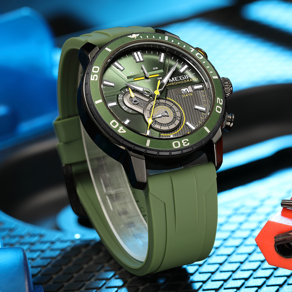 Megir oranje chronograaf sporthorloge voor heren met siliconen band, waterdicht, met lichtgevende wijzers, automatische datumweergave en 24-- uurs weergave.: Groente