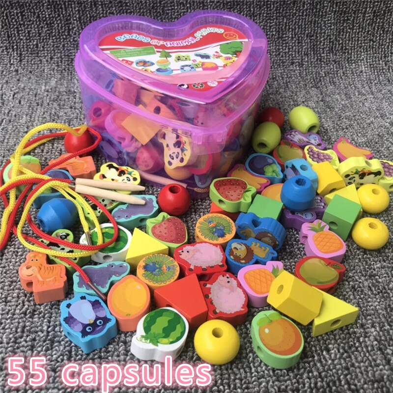 55pcs/lot Baby Wooden Lacing Beads Animals Blocks Heart-shape Stringing Threading Lace Beads Box Educational Preschool Toy: Shape 55pc