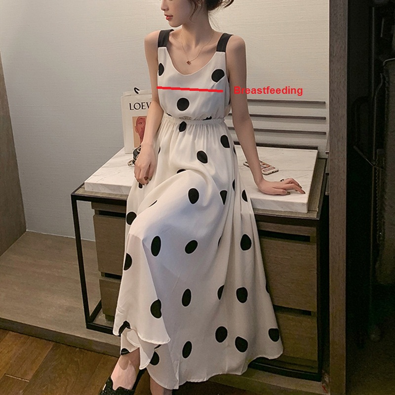 Robe longue sans manches à pois pour femmes enceintes, vêtements d&#39;allaitement, col rond, décontracté, puerbera, nouvelle ,: WHITE / XL