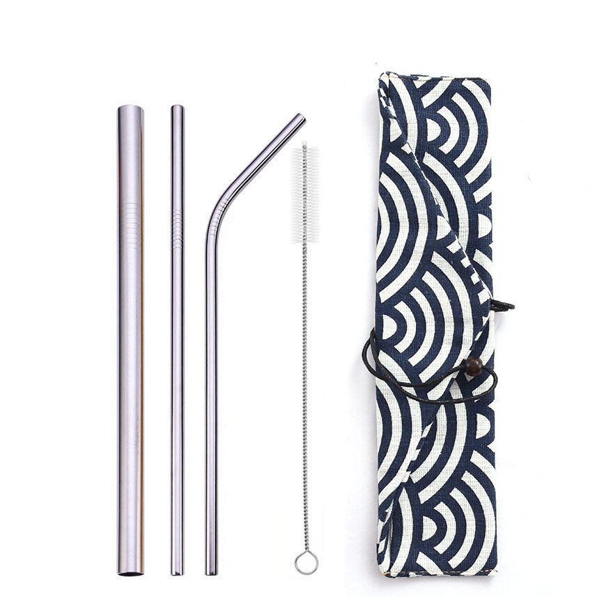 Reusable Metal Drinking Straws 304 Stainless Steel Straw Bent Straight Smoothies Straw with Cleaning Brush Bar Party Accessory: silvery-bag5
