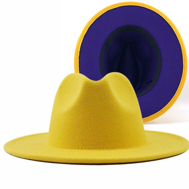 Purple Yellow Patchwork Unisex Panama Wool Felt Fedora Hats with Belt Buckle Women Men Wide Brim Party Trilby Gambler Hat 60CM: 08 / 58 61CM