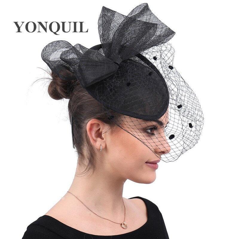 Fancy Grote Boog Haar Mesh Tovenaar Zwarte Hoed Haarspelden Bruiloft Hoofddeksels Vrouwen Banket Hoofddeksel Formele Veiling Bruid Fedora Cap